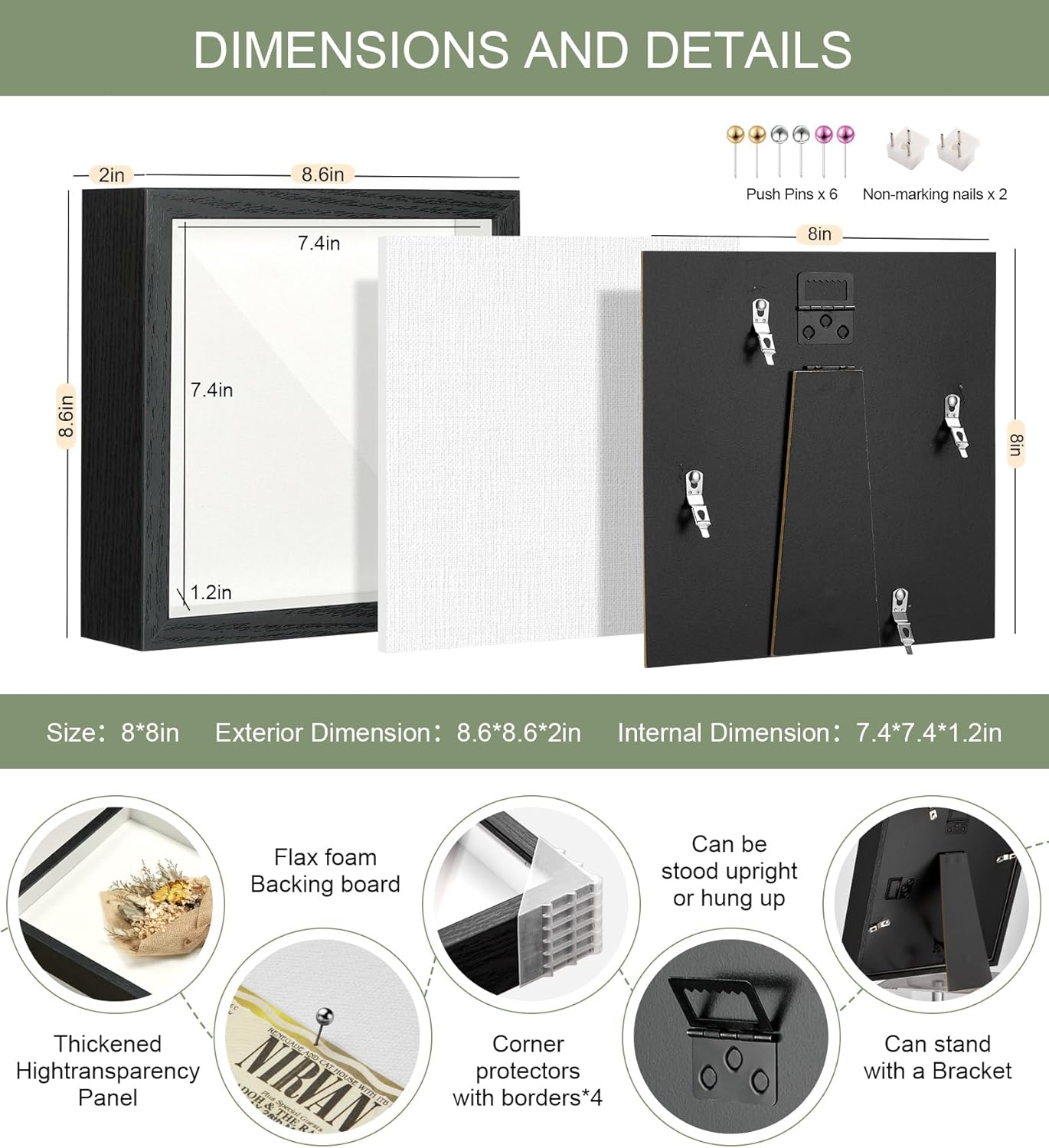 8x8 Shadow Box Display Case Picture Frame with Soft Linen Back,Large Deep Black Shadow Box 8x8 for Flowers Medal Display Case Jersey pet Graduation Memorabilia Baby Ltems Crafts Photos