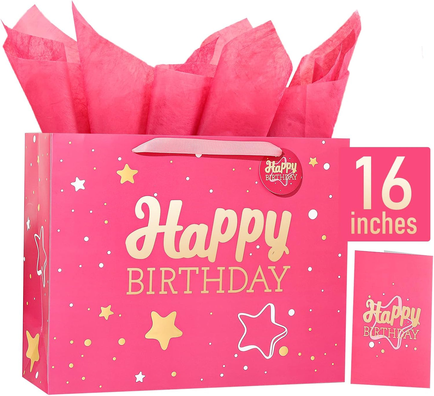 16" Pink Happy Birthday Gift Bag with Tissue Paper and Greeting Card for Party,Happy Birthday Gift Bag for Men Women,Gift Bags Extra Large(1 PCS Pink Hot Stamping)