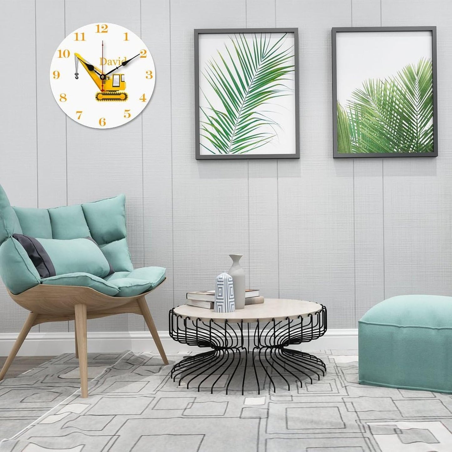 Personalized Crane Truck Kids Wood Wall Clocks Rustic Battery Operated 10 inch Non Ticking Engineering Vehicle Wall Clock for Kids Rooms Boys Girls,Nursery Wall Clock,Custom Kids Clock with Name