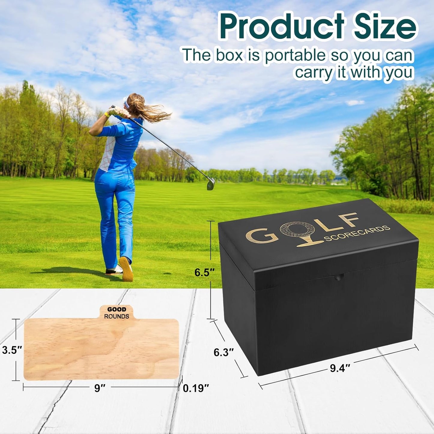 Golf Scorecard Collection Box, Golf Storage Box With 5 Wooden Dividers, Scorecard Keeper For Keepsakes Cards Club Storage Score Book Pencil Log, Unique Golf Gift (Black)
