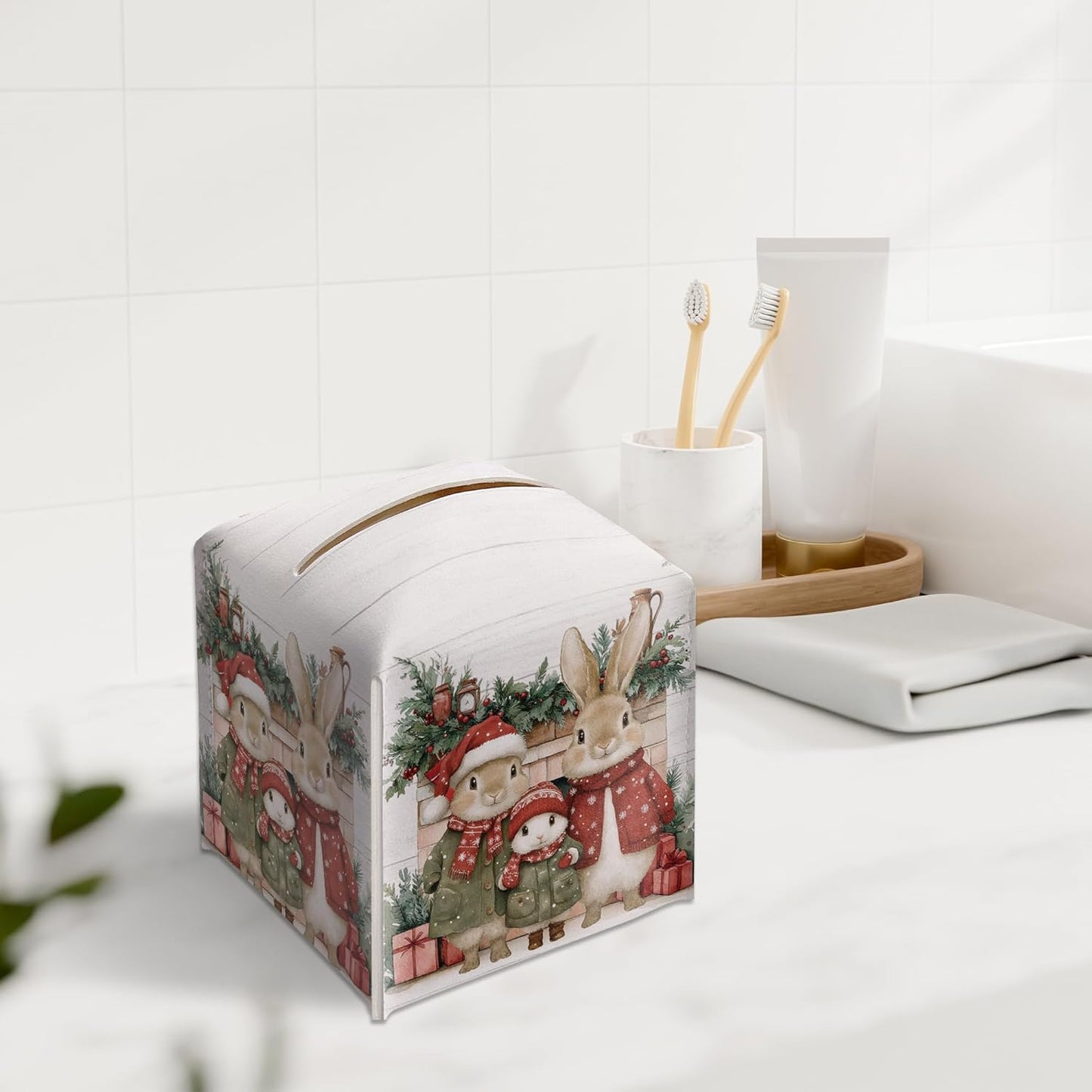 Christmas Tissue Box Holder, Christmas Bunny Leather Tissue Box Cover Square with Bottom Belt, Paper Facial Decorative Tissues Cover for Night Stands Bathroom Office Home Decor-B12