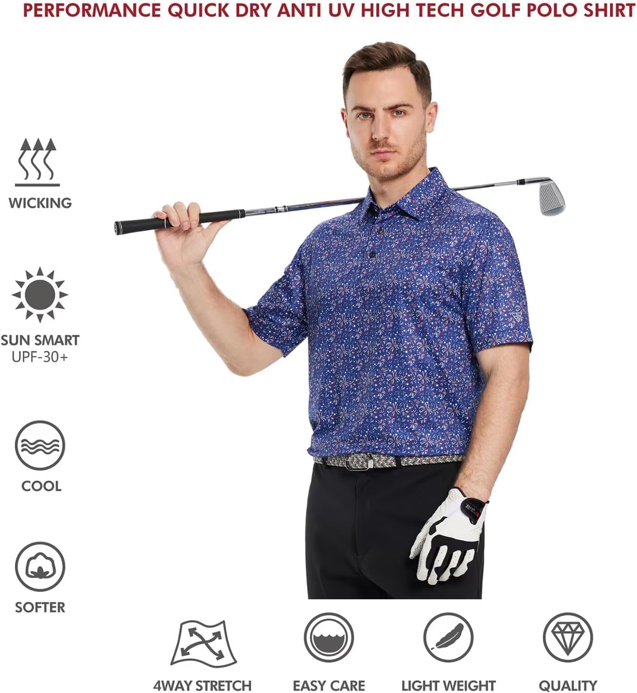 Golf Shirts for Men Dry Fit Short Sleeve Print Performance Moisture Wicking Polo Shirt