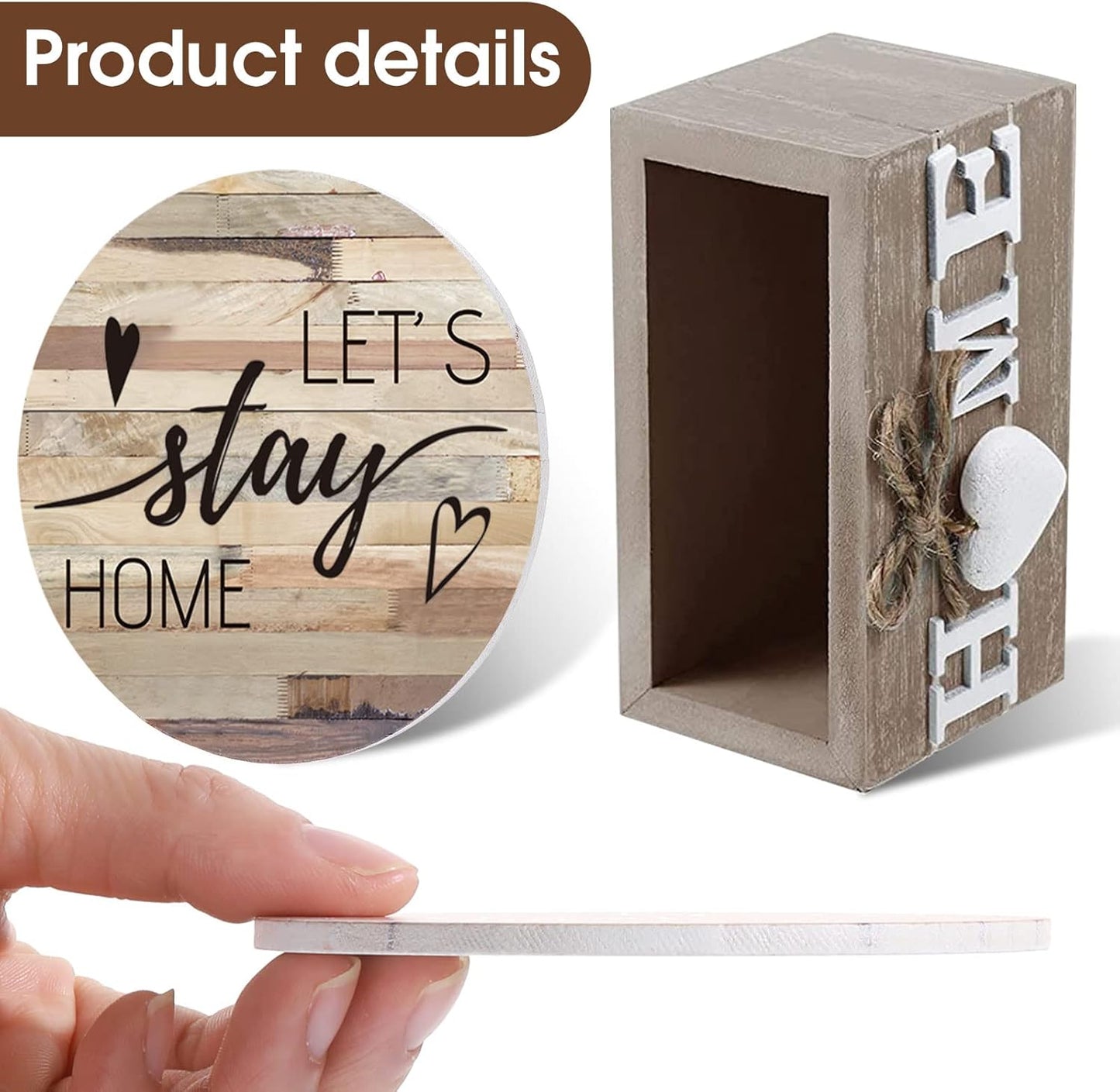 Queekay Housewarming Gifts for Home Decoration Wooden Heart Coasters for Drinks 6 Set Farmhouse Coasters with Holder Funny for Family Coffee Table Protection, 4''(Farmhouse Color)