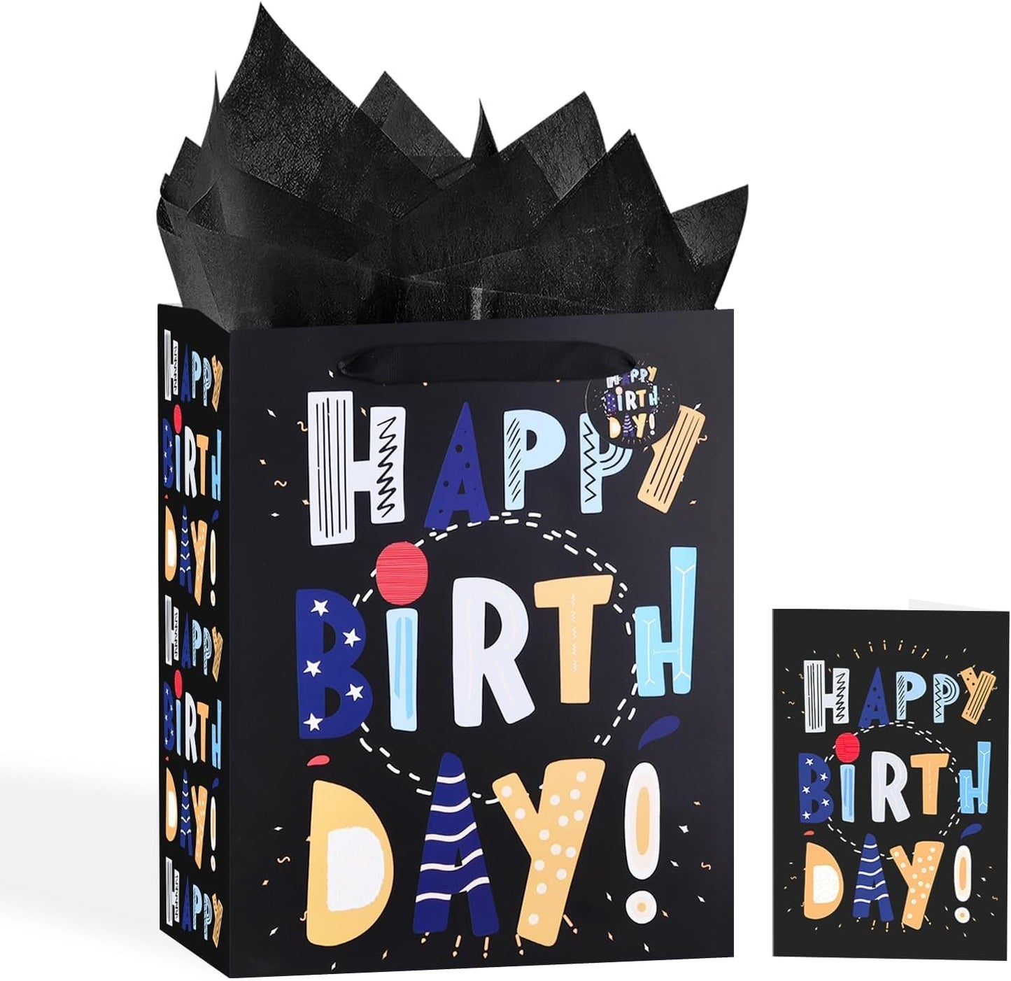 13" Black Happy Birthday Bags for Kids with Tissue Paper and Greeting Card for Party,Happy Birthday Gift Bag for Kids, Boys, Girls, Baby Boy,Men Women,Gift Bags Medium size (1 Pcs Black, Kids Gift Bag)