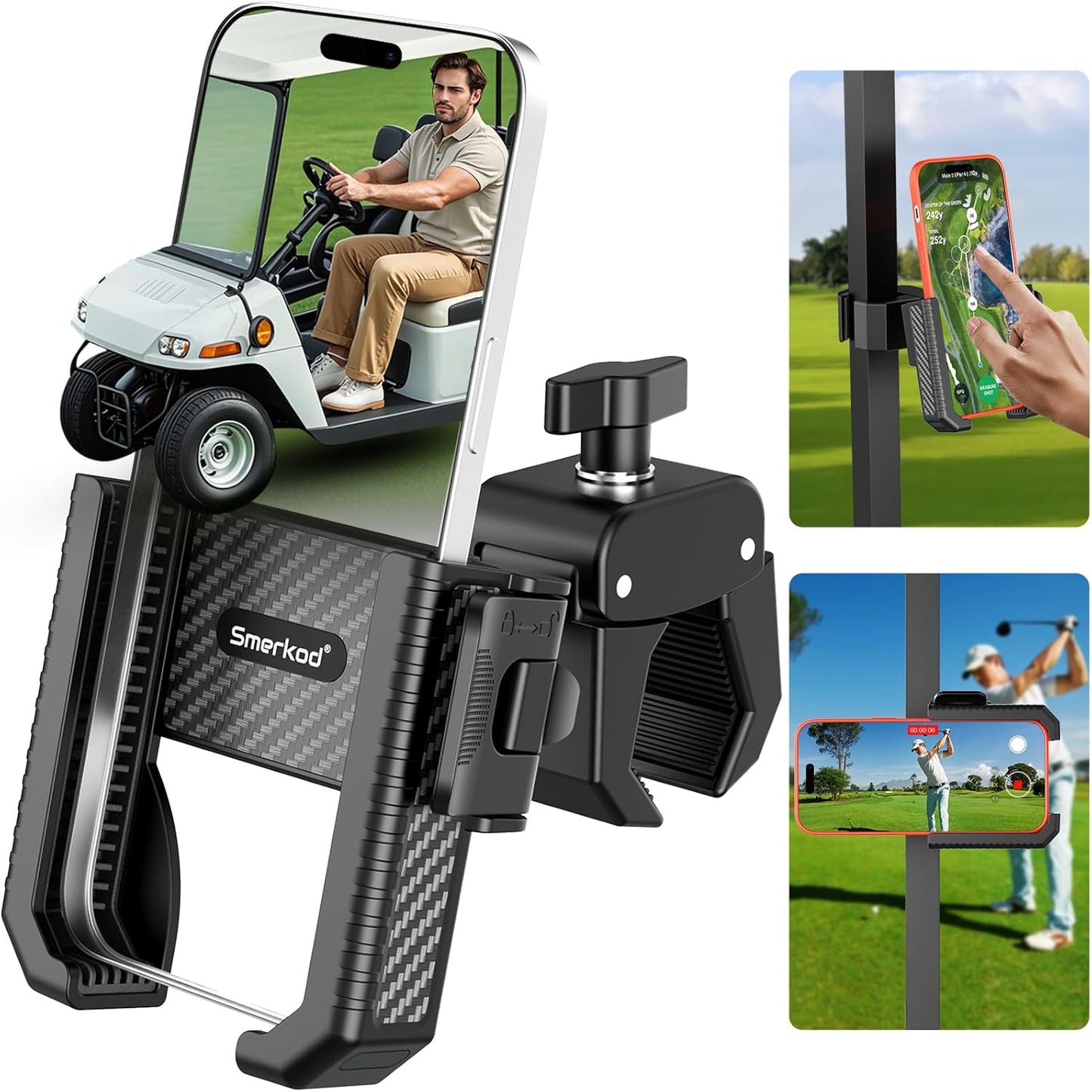 Golf Cart Phone Holder Mount - 3s Phone Clip Install, 1s Lock & Release，Phone Caddy for iPhone Galaxy & More Fits Yamaha Club Car EZGO Icon, Golf Cart Accessories Essentials Gift for Men Women