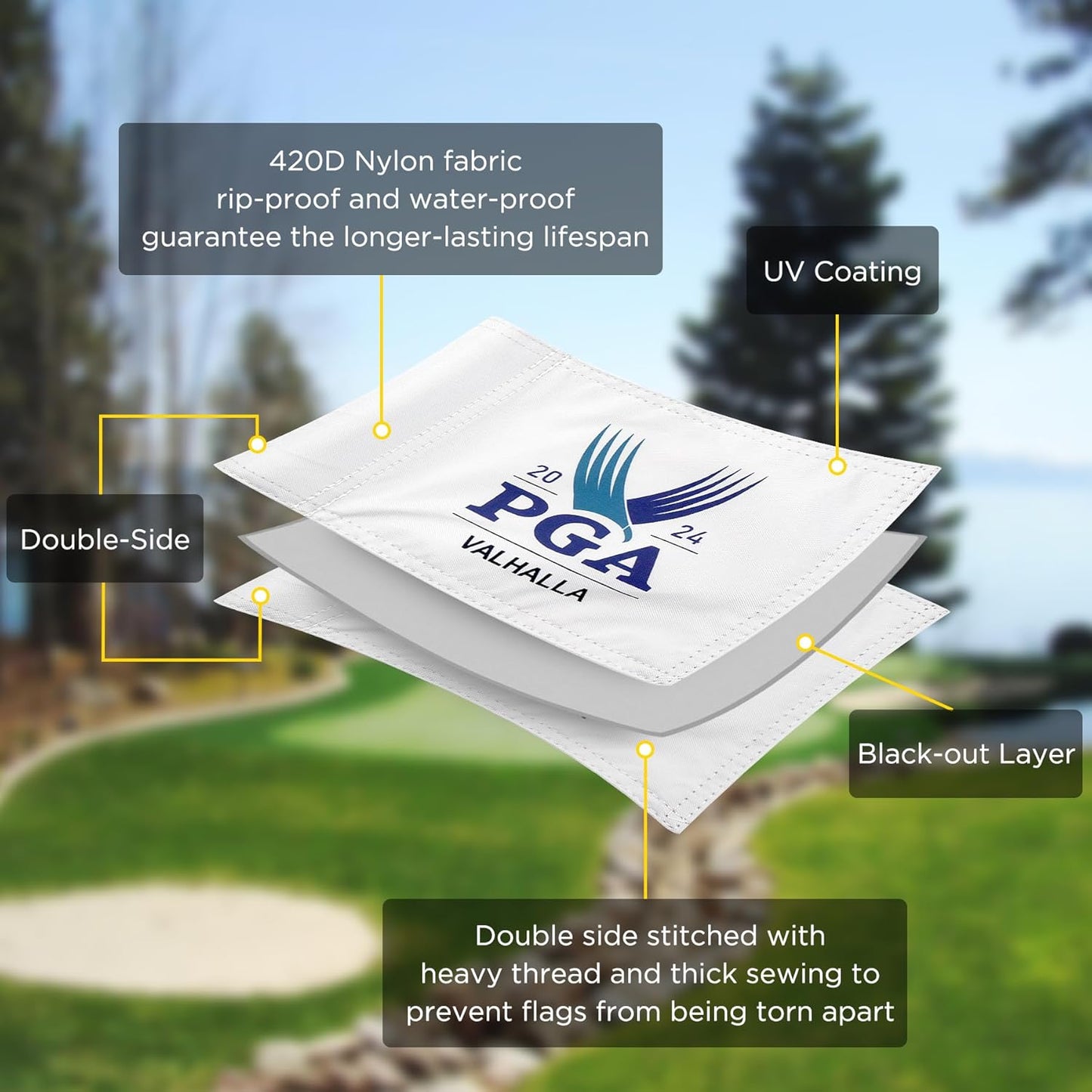 Themed Golf Flag Mini, 8x6 Inch, Double-Sided Silk-Screened, Fade-Resistant 420D Nylon, Ideal for Backyard Practice Putting Green