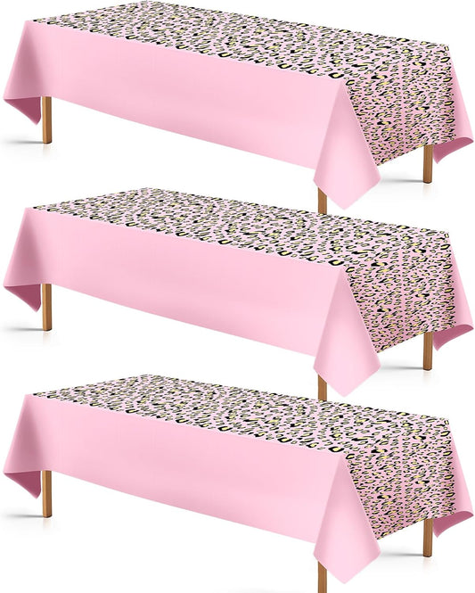 Grencian 3Pcs Cheetah Print Tablecloth Pink Leopard Print Table Cover Plastic Rectangle Leopard Table Cloth for Jungle Safari Animal Cheetah Birthday Baby Shower Party Decorations, 54 x 108 inch