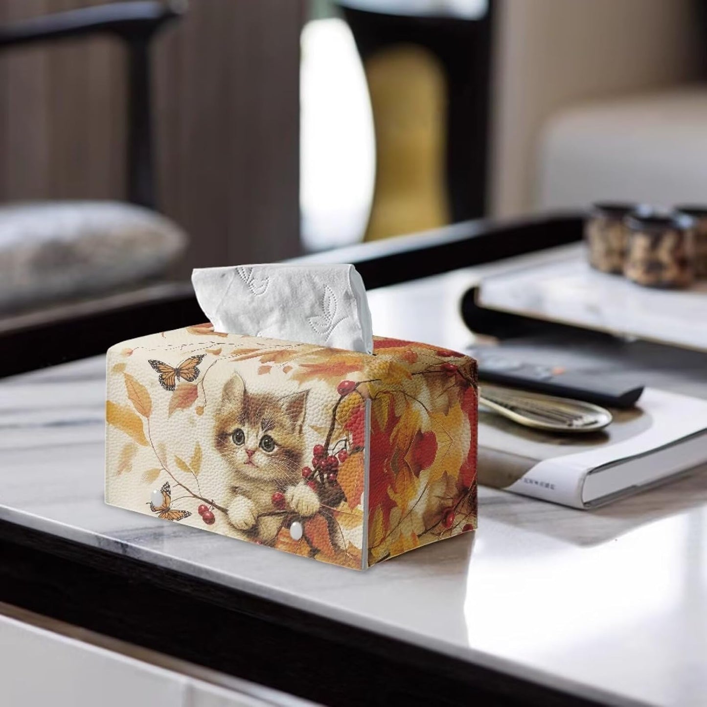 Rectangle Tissue Box Cover Cute Cat Leather Tissue Box Holder for Bathroom Toilet Waterproof Facial Paper Organizer Fall Theme Home Decorations for Dining Room Bathroom