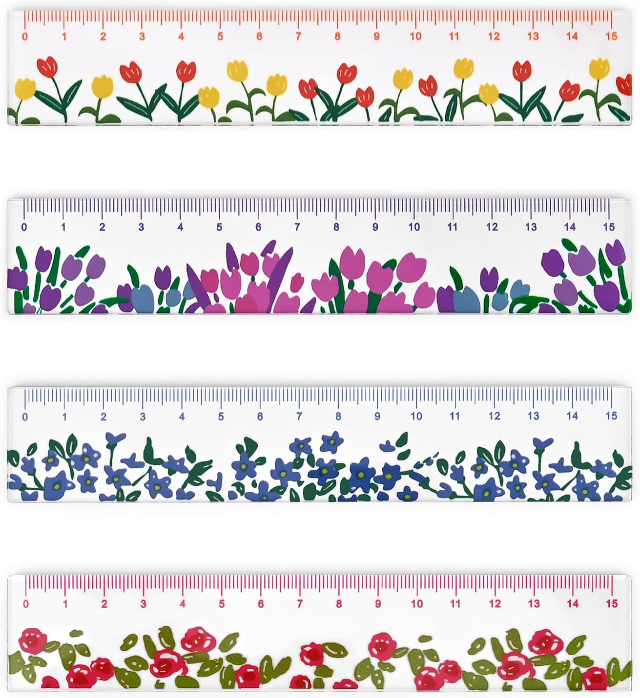 BAYTORY 4 Pcs Plastic Rulers 15 CM, Small Ruler, Measuring Drafting Tools, Acrylic Rulers with Centimeters for School Home Office (Flower)