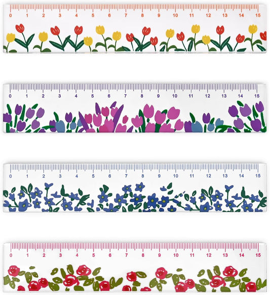 BAYTORY 4 Pcs Plastic Rulers 15 CM, Small Ruler, Measuring Drafting Tools, Acrylic Rulers with Centimeters for School Home Office (Flower)