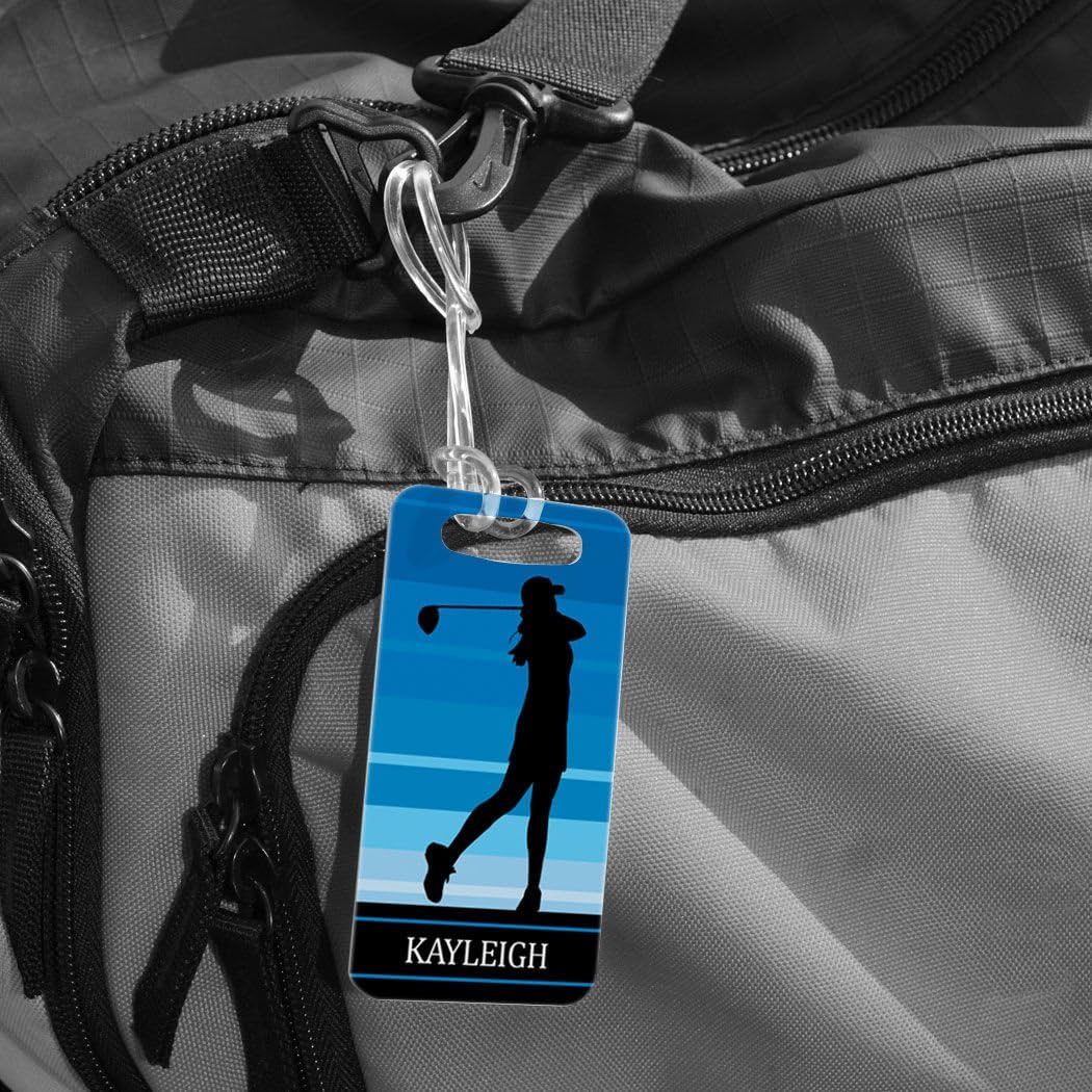 ChalkTalkSPORTS Golf Luggage & Bag Tag | Personalized Female Golfer | Standard Lines on Back | Small | Blue