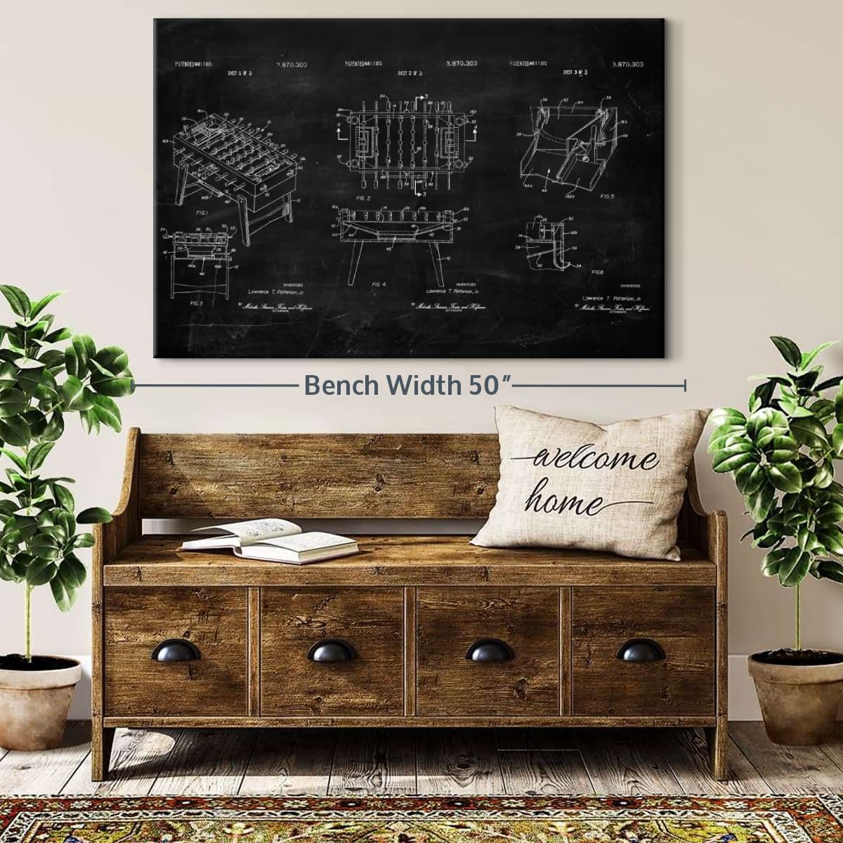 ElephantStock Soccer Table BW Patent Wall Art - Horizontal Wrapped Canvas - 1-Piece Living Room Wall Decor - Soccer Digital Art Canvas Print - Black and White Decor - 45" X 30"