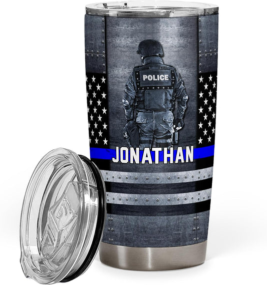 Policeman Police Officer Gifts - Custom Name Badge Number Thin Blue Line Lives Matter Flag Tumbler - Police Academy Graduation Retirement Birthday Gifts - 20oz Tumbler With Lid