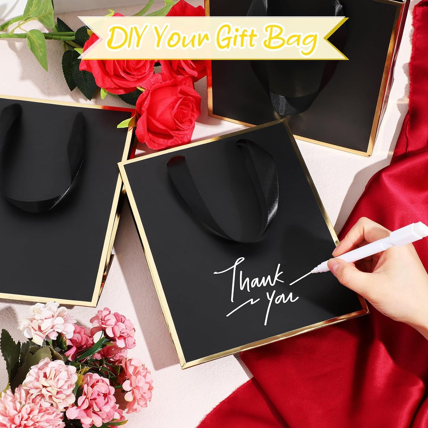 Yeaqee 24 Pack Metallic Paper Gift Bags with Handle and Tissue 9x7x3.1 Gold Foil Welcome Favor Bags Return Gifts for Wedding Fall 5 Senses Christmas Bridesmaid Birthday(Black and Gold)