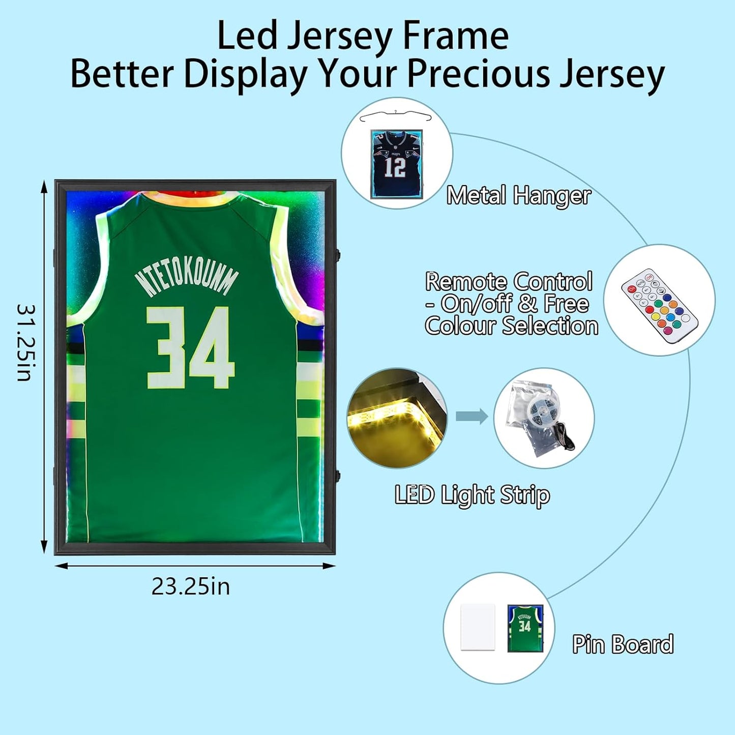 IHEIPYE LED Jersey Frame Display Case - Shadow Box with LED Light - Black Lock, 98% UV Resistant Acrylic Wall Mount Display Case for Football, Baseball, Basketball Jersey with Light