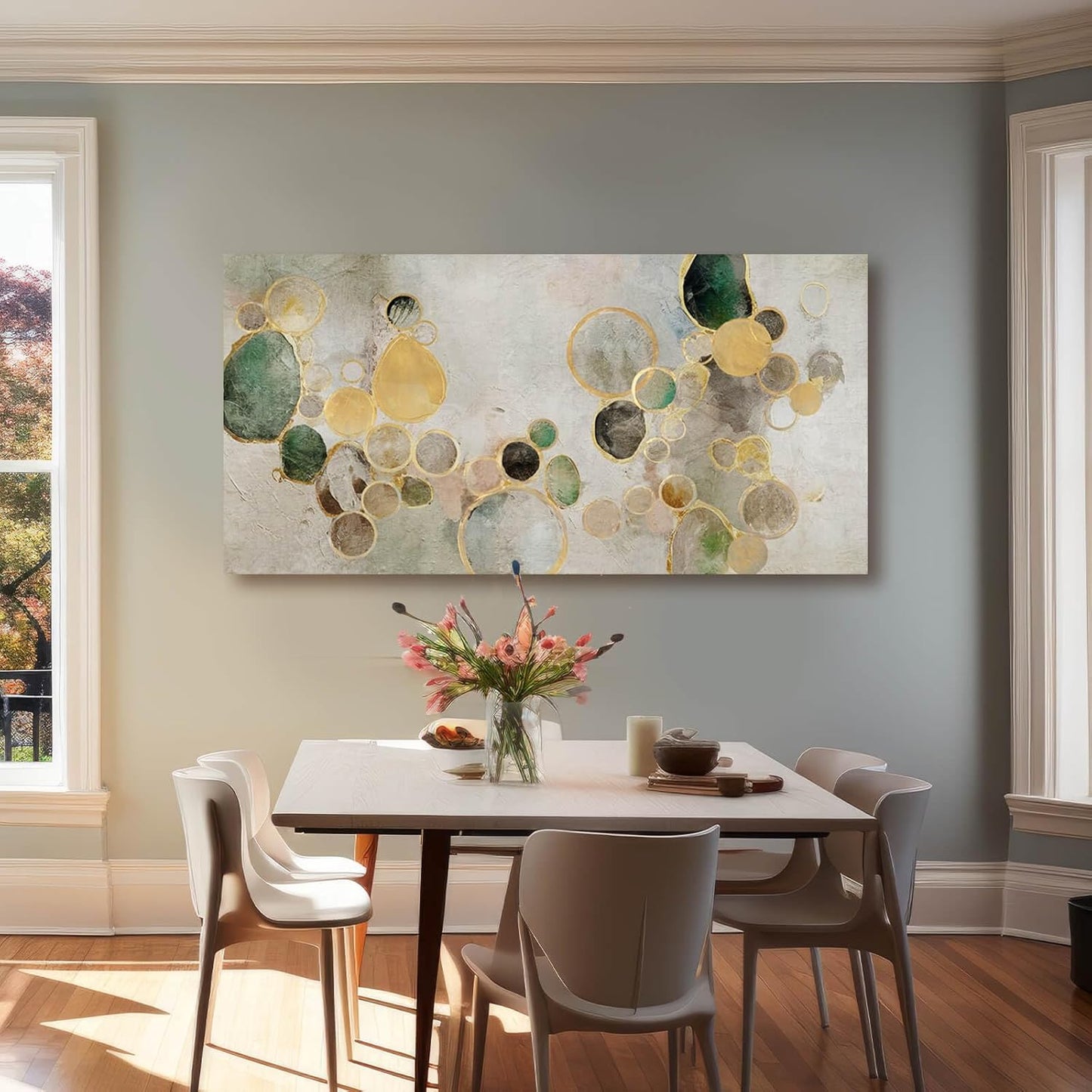 Gold Round Wall Art Neutral Beige Modern Canvas Wall Print 24"x48" Geometric Wall Decor Poster Print Abstract Wall Art for Living Room Dining Room