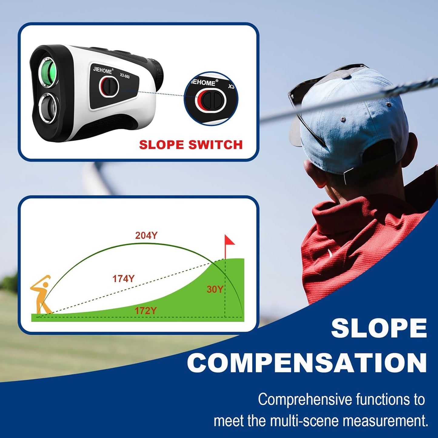 Golf Rangefinder JIEHOME X3 Rangefinder with Slope, Flagpole Locking & Vibration, 660/1100YDS Laser Rangefinder for Golfing/Hunting, Rechargeable Distance Measuring Range Finder, Built-in Magnetic