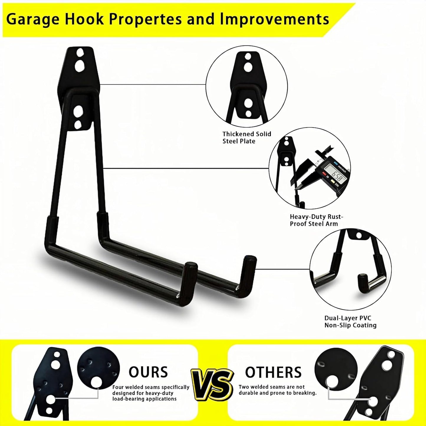 4 Pack Garage Hooks Heavy Duty with Anti-Slip Coating, Steel Utility Ladder Hooks for Hanging Garden Tools, Hoses, Ropes, Bikes and More (7.7in)