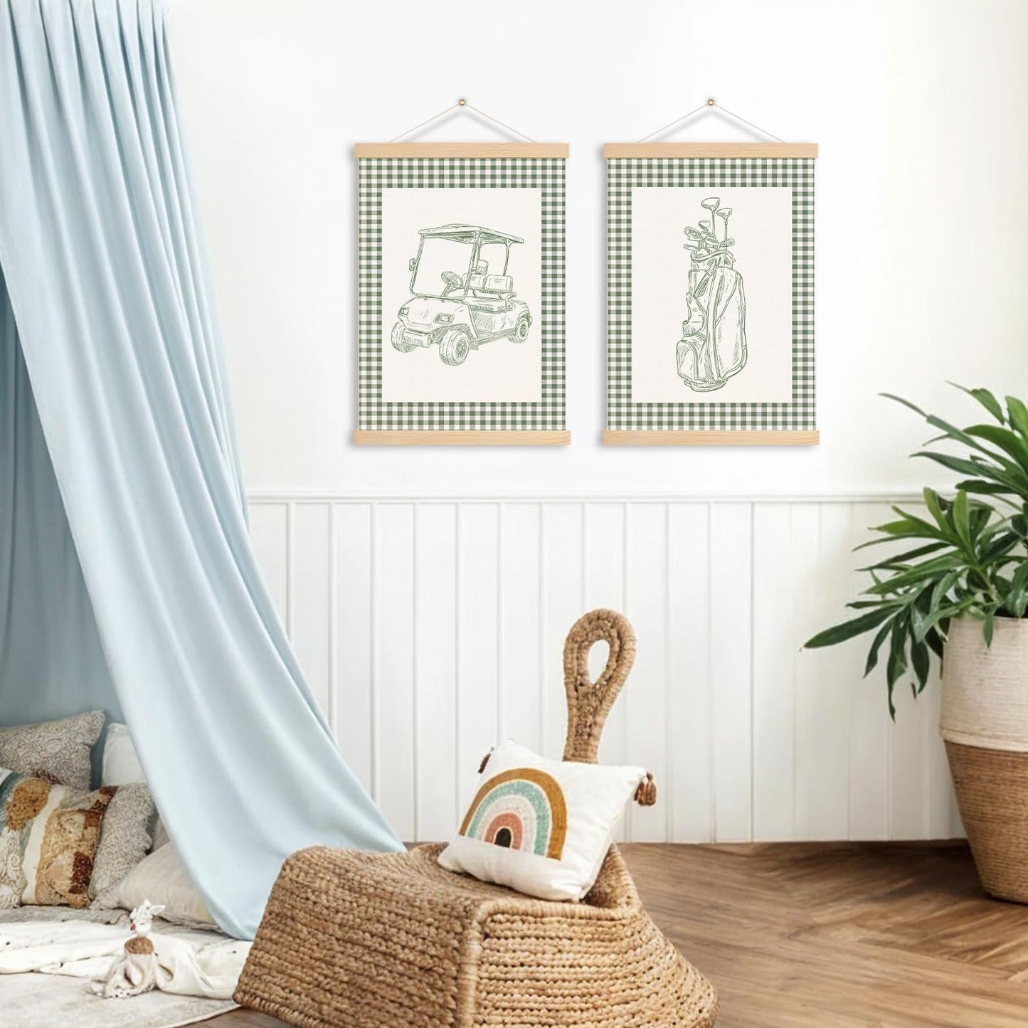 DNEULYR Sage Green Checkered Golf Wall Art Poster, Golf Nursery Wall Decor, Retro Golfing Golfer Poster Hanger Frame for Kids Boys Room Bedroom Nursery Playroom, 12x16 Inches Set of 2