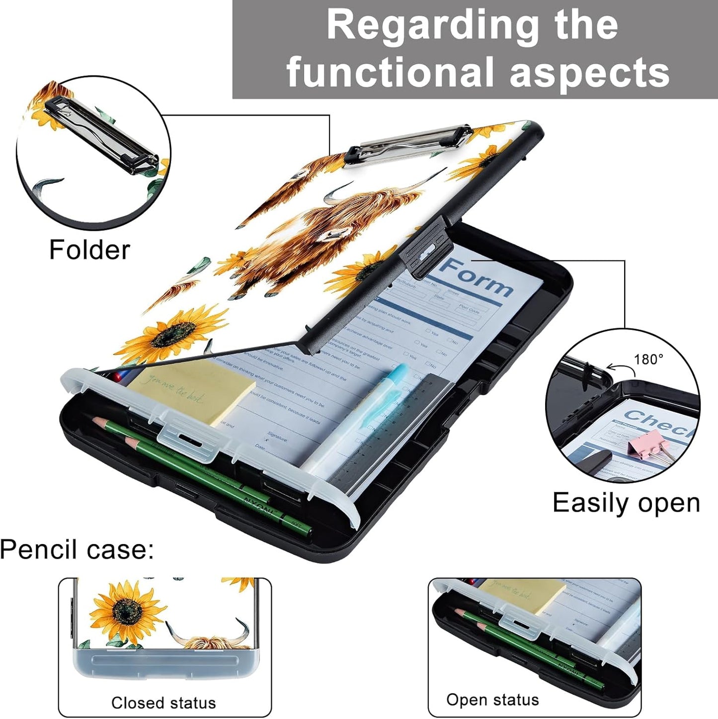 Clipboard with Storage - Large Capacity,Nursing Clipboard with Pen Holder,Heavy Duty,Plastic Side-Opening Folder for Teacher,Nurse - Sunflower Highland Cow
