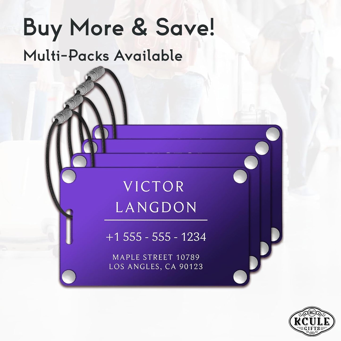 Personalized Luggage Tags for Suitcases - Aluminum Custom Luggage Tags for Backpacks & Bags, Sturdy, Waterproof & Heavy Duty (Purple/Card-Sized)