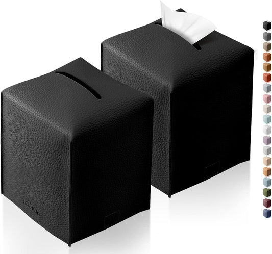 Tissue Box Cover, Tclouda, Modern PU Leather Square Tissue Box Holder for Creative Decorative, 2 Pack, Ideal for Bathrooms/Office/Car/Nightstand/Outdoor Tent/Dining Table, 5"X5"X5", Double Black