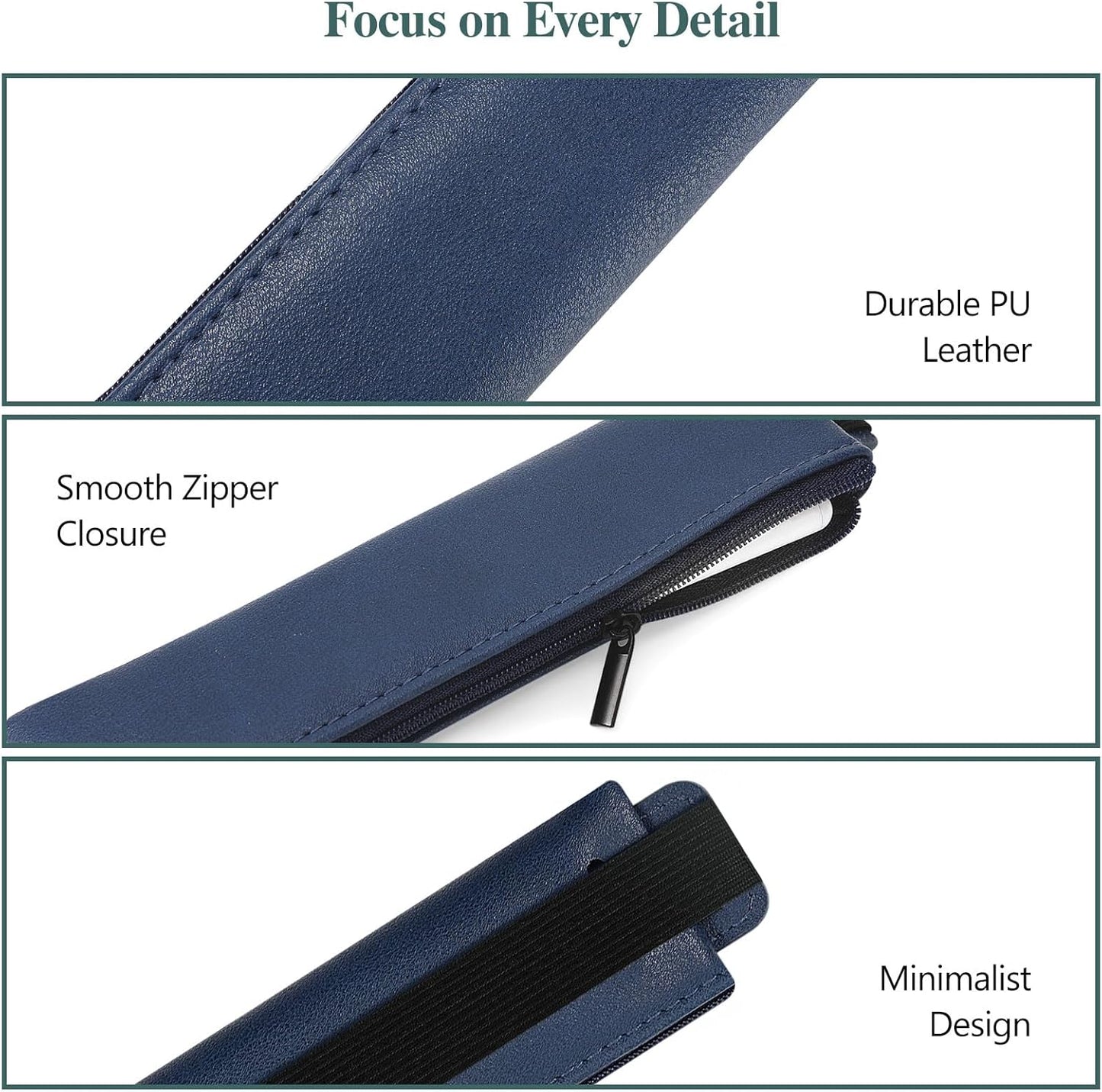 MoKo Elastic Pen Holder for Notebook, 4 Pieces PU Leather Pencil Case with Adjustable Band, Stationery School Supplies Zipper Bag for Planners, Journals, Book