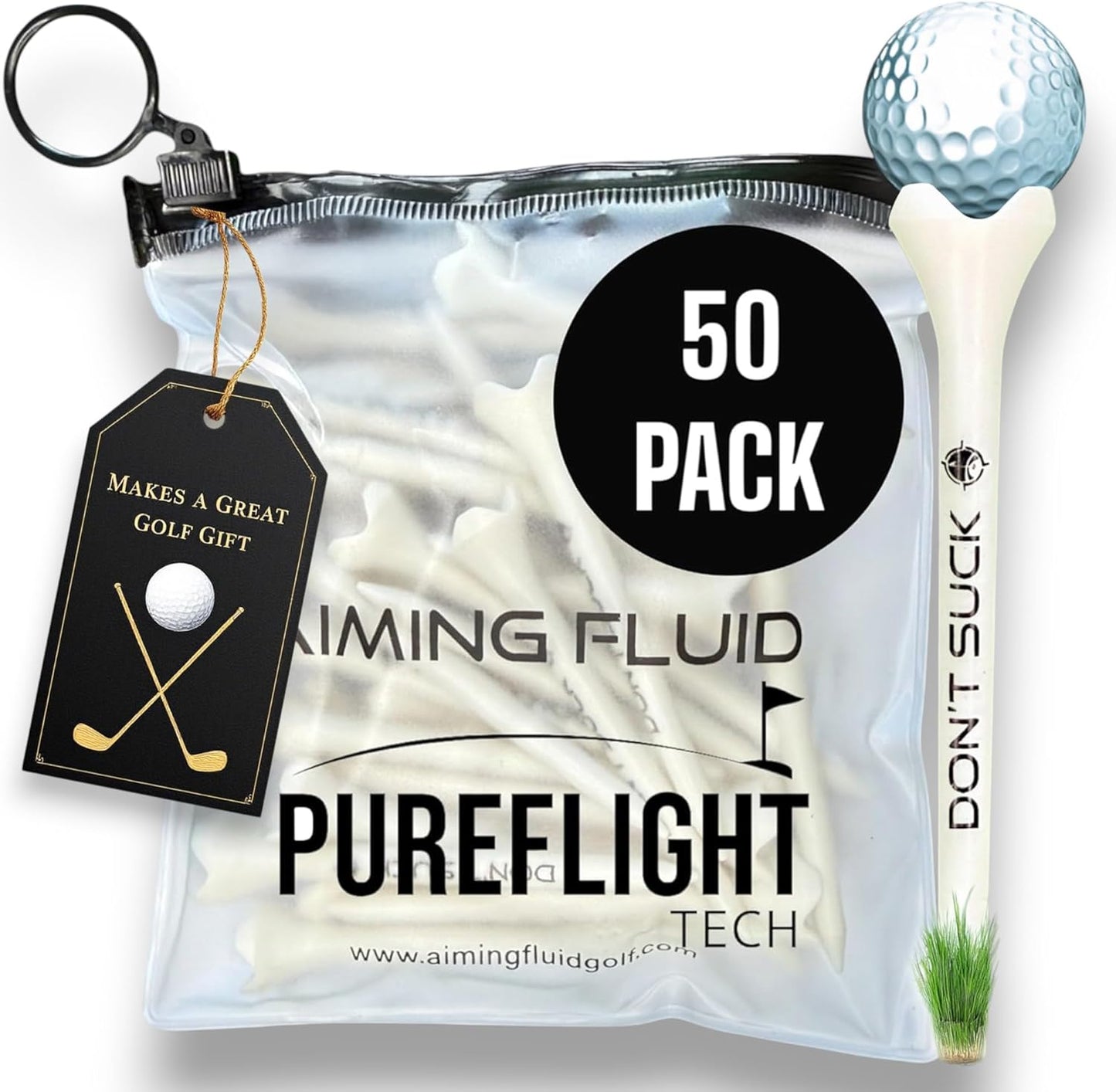 Don't Suck Golf Tees 2 ¾” – 50 Pack Durable Plastic 4-Prong Funny Golf Tees with PureFlight Tech – Low Resistance for Straighter, Longer Drives