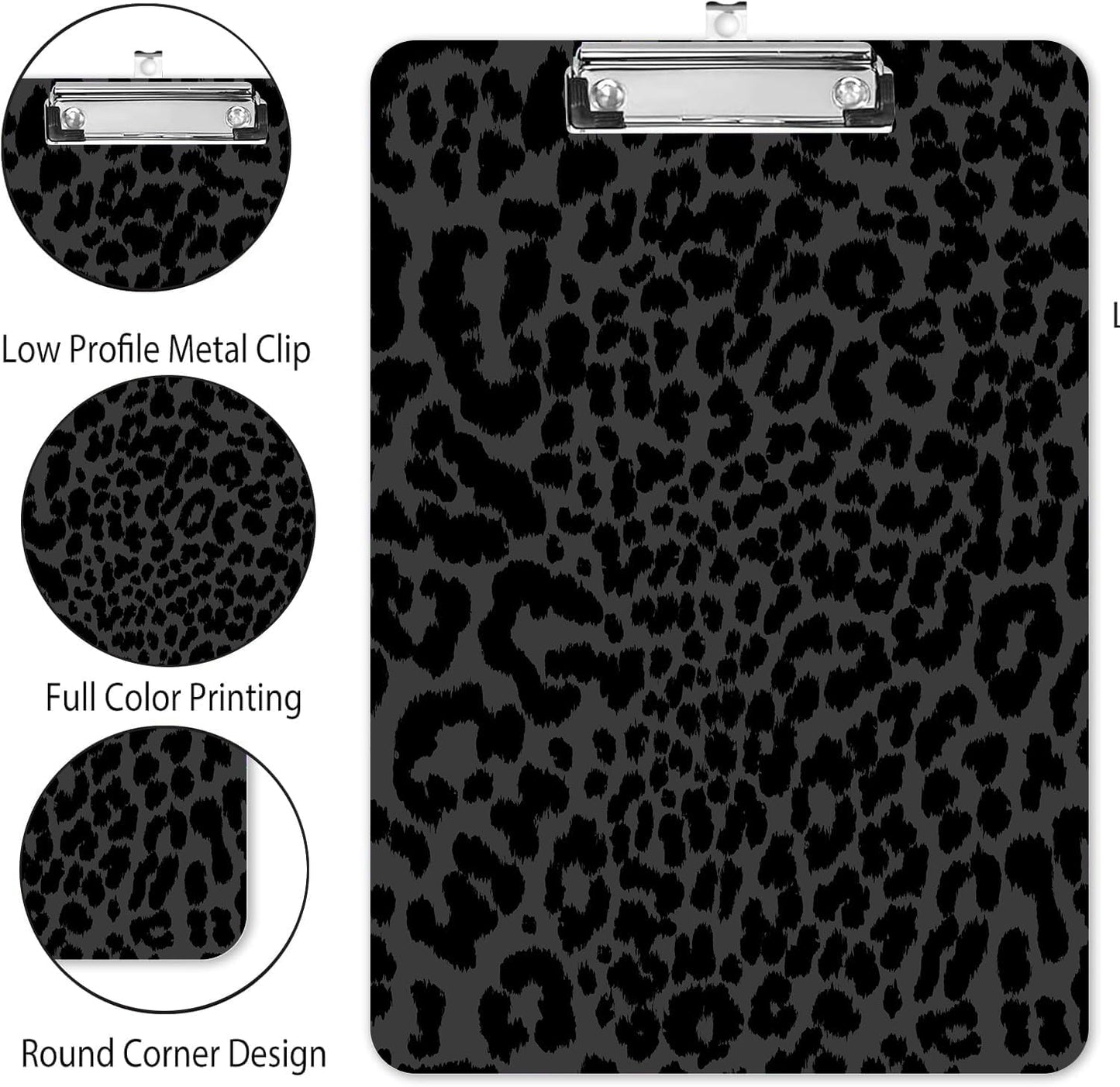 Fashion A4 Clipboard, Standard Letter Size 9" x 12.5", Decorative Wooden Clipboard with Low Profile Metal Clip for Office, School, Teachers, and Students, Black Leopard Wild Animal Cheetah