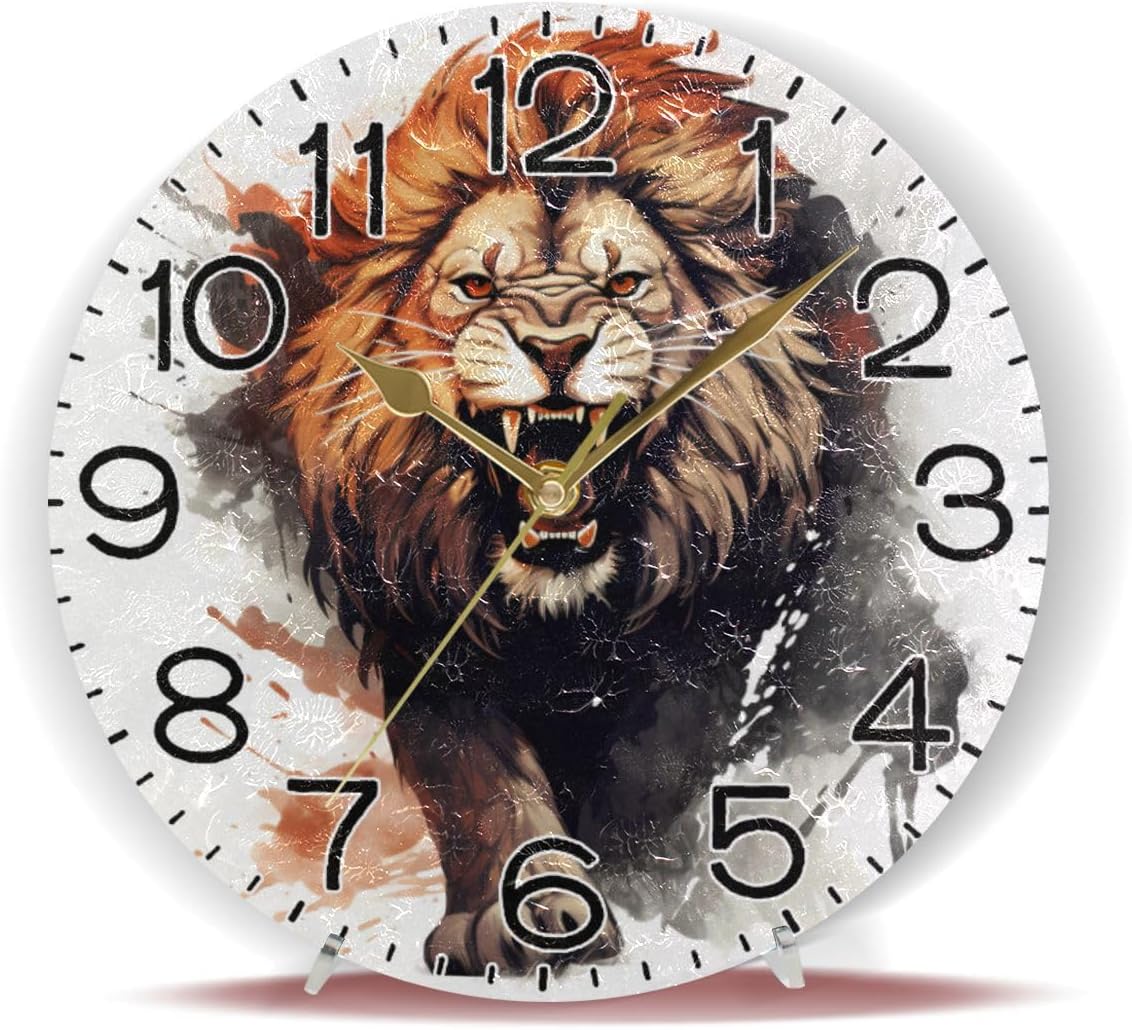 Roaring Lion Wild Animal Wall Clock Battery Operated Non Ticking Silent Quartz Analog Rustic Farmhouse Round Clock Retro Decor for Home Kitchen Living Room Bathroom