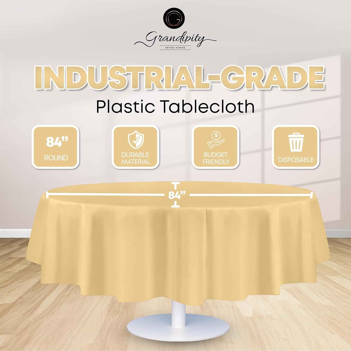 Grandipity 12 Pack Premium Disposable Plastic Tablecloth 84" Inch Decorative Round Table Cover - Ivory