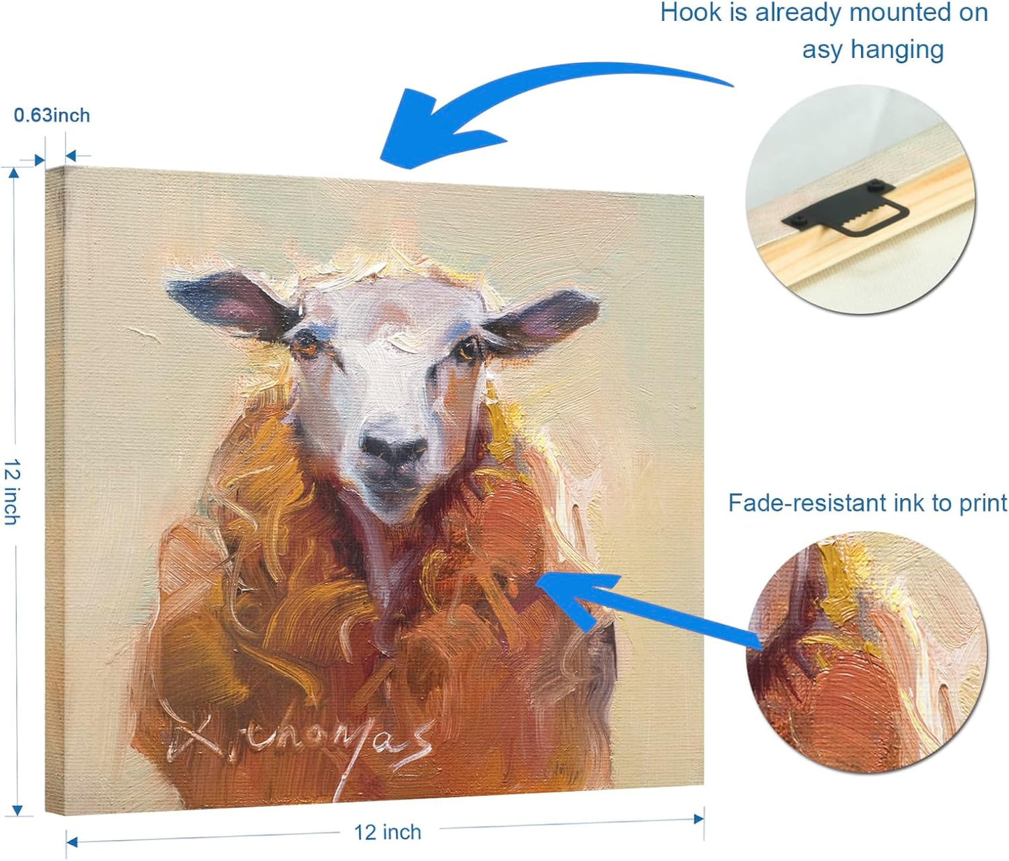 JZLDZS Sheep Canvas Wall Art Warm Farmhouse Animal Pictures Wall Decor for Bathroom Bedroom, Gallery Wrapped 12x12 Inch Rustic Kitchen Country Art Decor