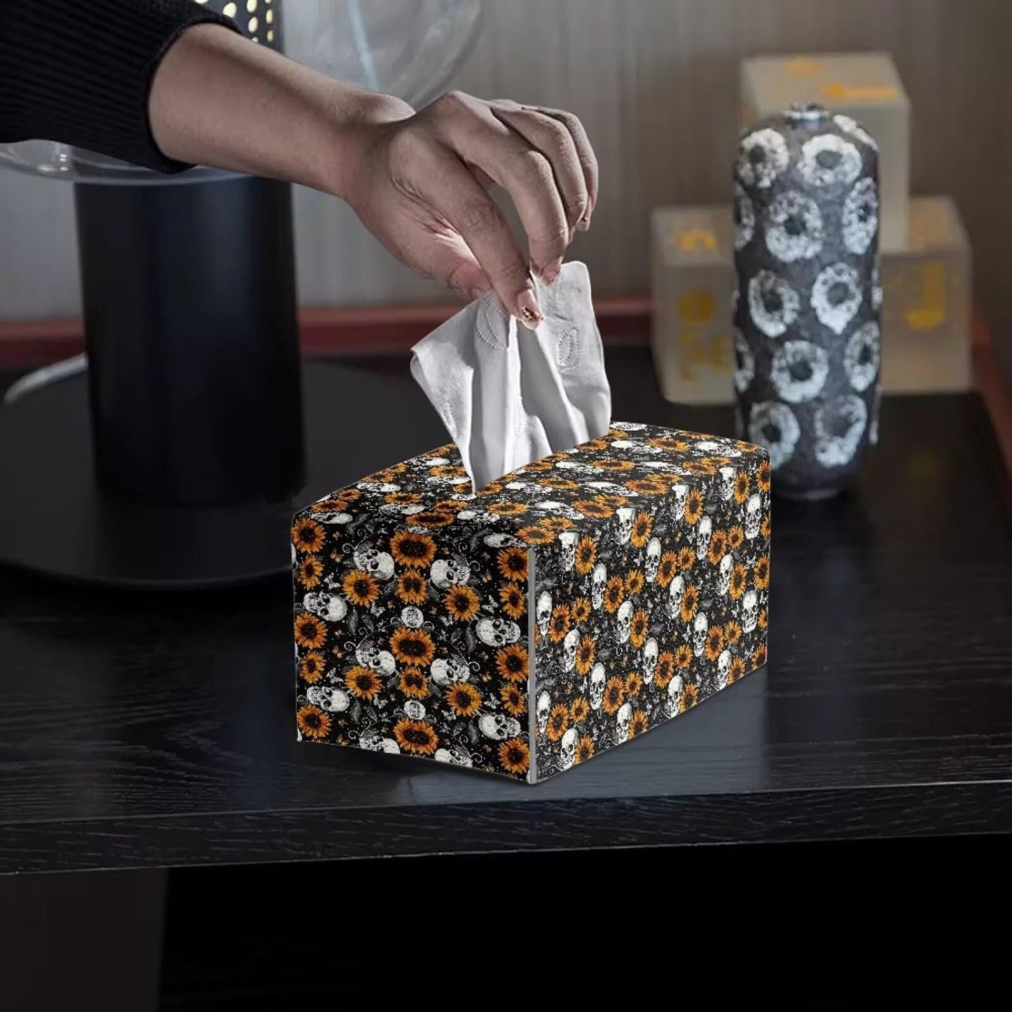 Halloween Tissue Box Cover with Skull Sunflower Print Waterproof Portable for Travel Designed with Modern PU Leather Folding Indoor Decorations 9.7"x5.2"x5.12" Easy to Clean