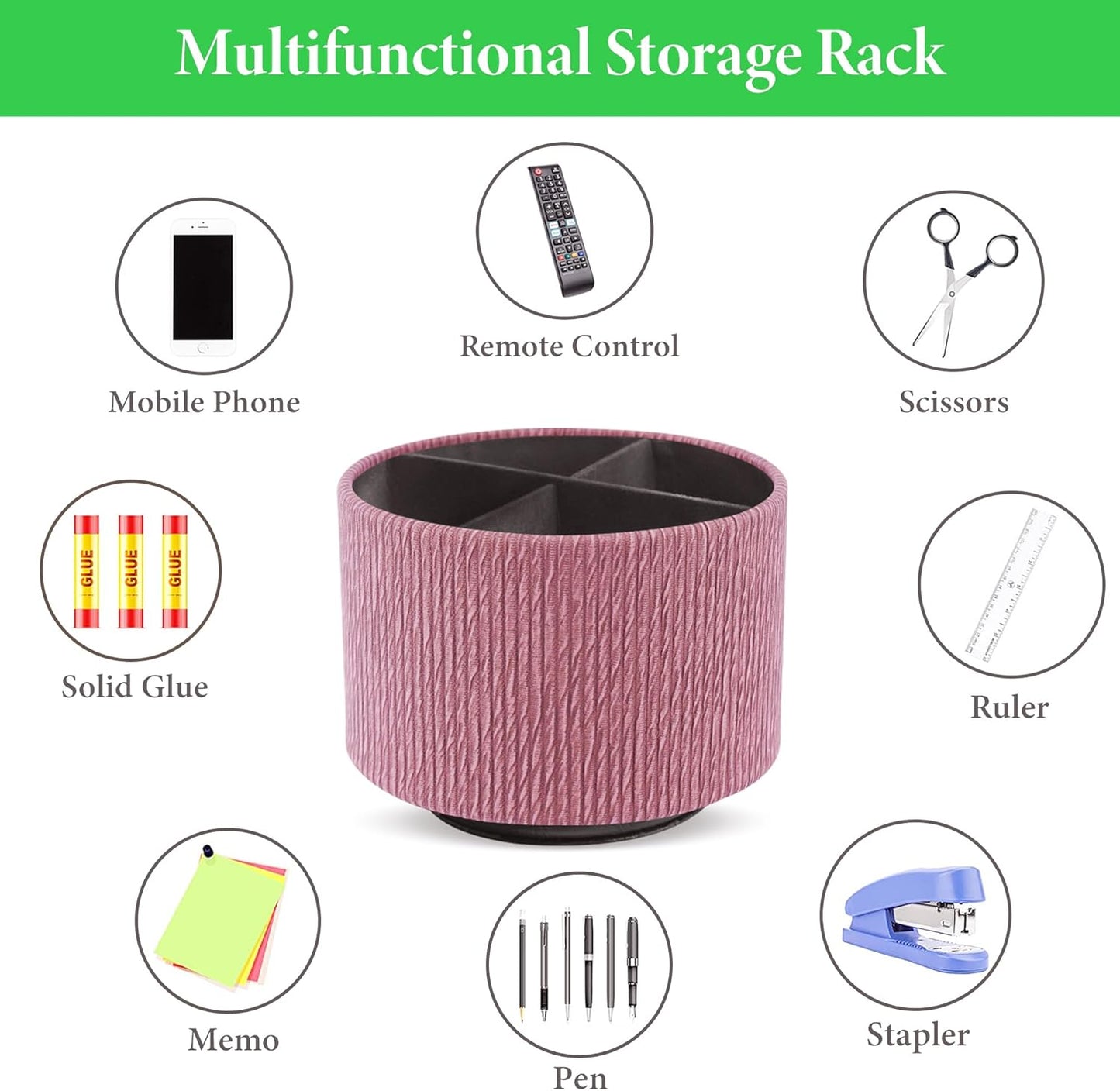 Hennaja Round Leather Art Supply Organizer,Remote Control Holder,360 Degree Spinning,Multi-Functional Pencil Holder,4 Compartments Desktop Stationary Organizer(1-Wood Pink)