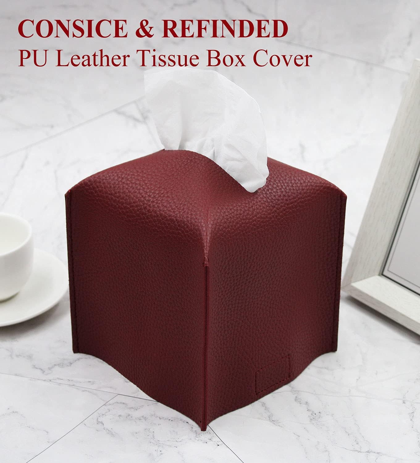 Livelab Tissue Box Cover Holder, Square Modern Decoration PU Leather Facial Tissues Case Roll Paper Dispenser for Bathroom Vanity Countertop, Night Stands, Office Desk Car 5X5X5'' | Wine Red