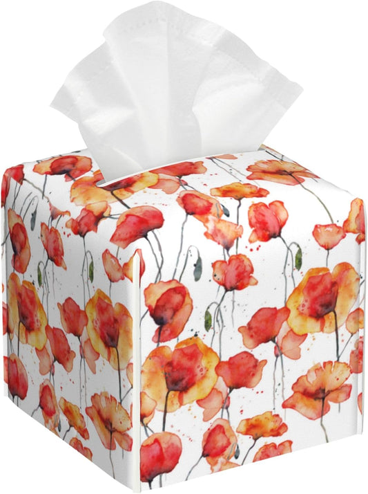 Watercolor Red Flowers Tissue Box Cover Square, Tissue Box Holder Leather Facial Paper Case Decorative Organizer Holder Dispenser Home Office Car Decor