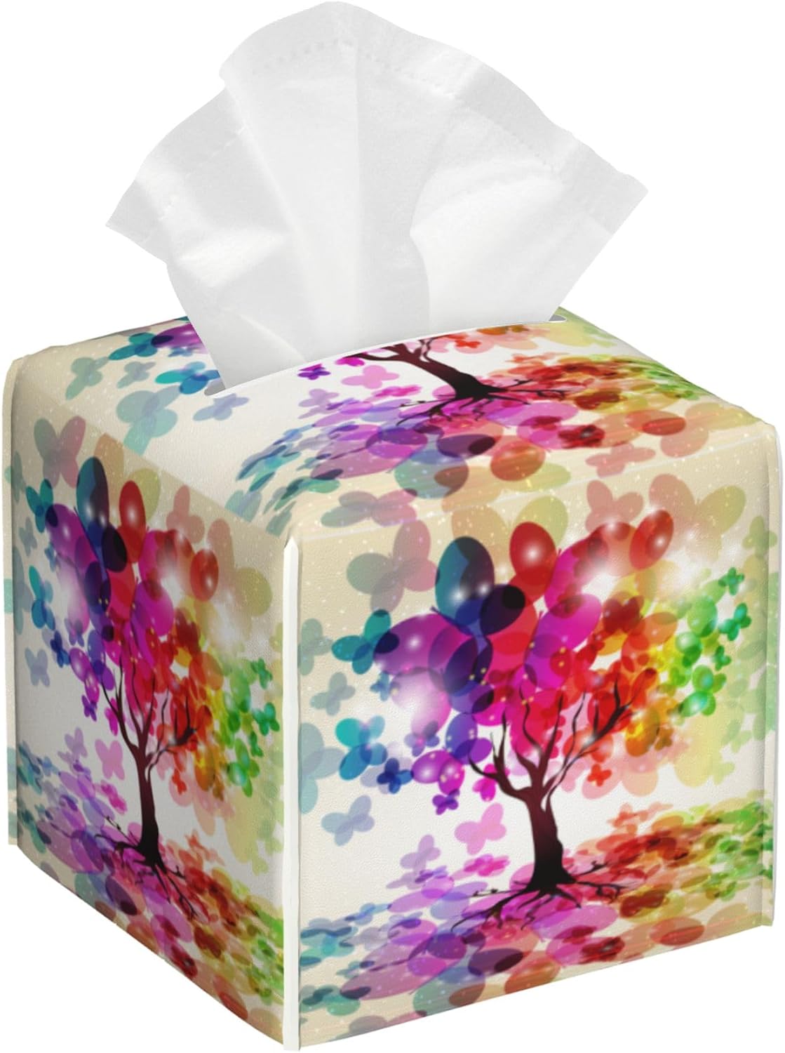 Colorful Tree Tissue Box Cover Leather Tissue Box Holder Square Facial Paper Organizer Dispenser for Bathroom Kitchen Bedroom Vanity Countertop Night Stands