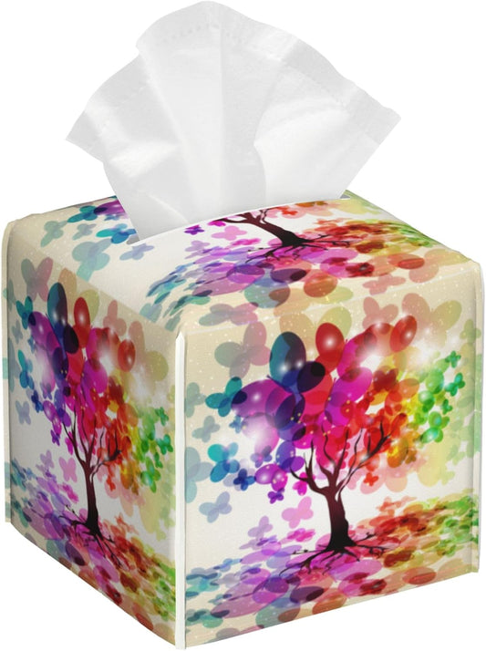Colorful Tree Tissue Box Cover Leather Tissue Box Holder Square Facial Paper Organizer Dispenser for Bathroom Kitchen Bedroom Vanity Countertop Night Stands
