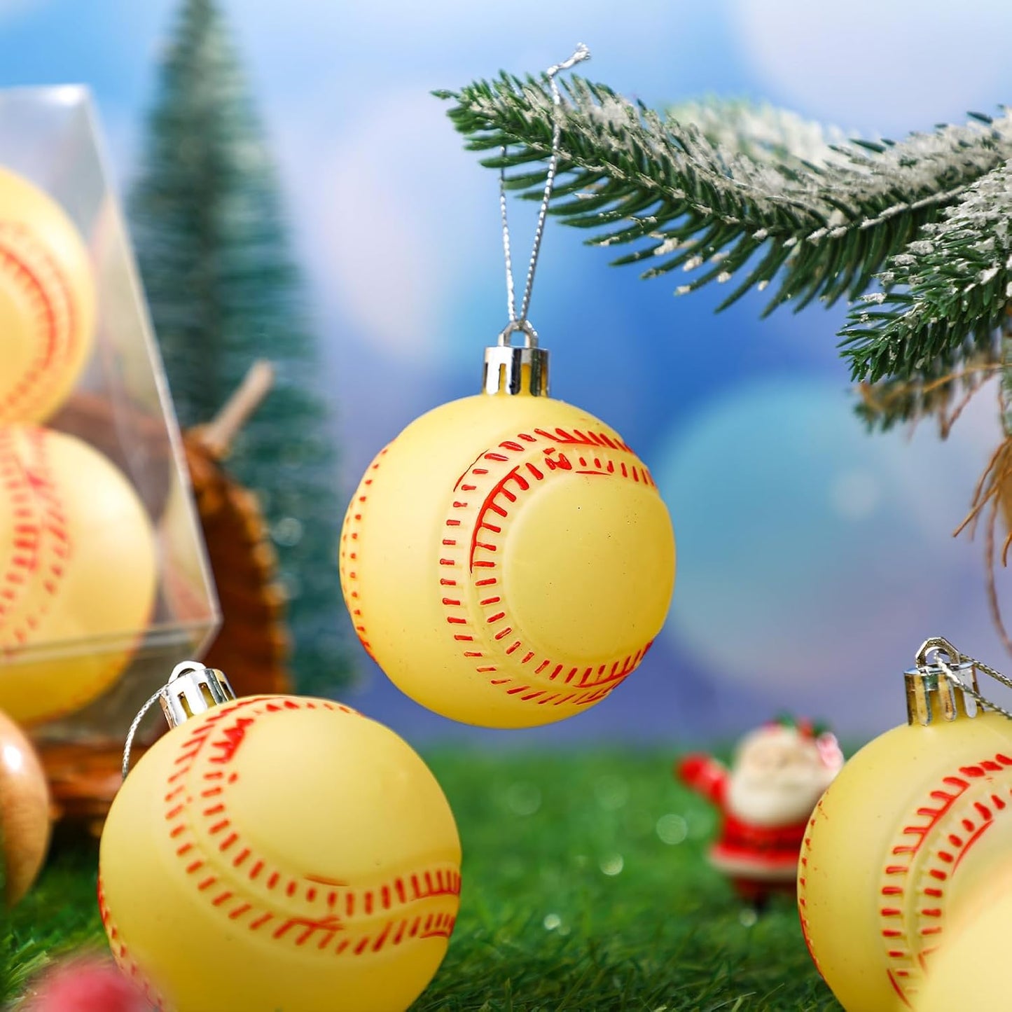 Leitee 12 Pcs Christmas Plastic Softball 2.36 Inch Xmas Tree Ornaments with Hanging Loop Sports Theme Decorative Hanging Ornaments for Holiday Party Christmas Tree Home