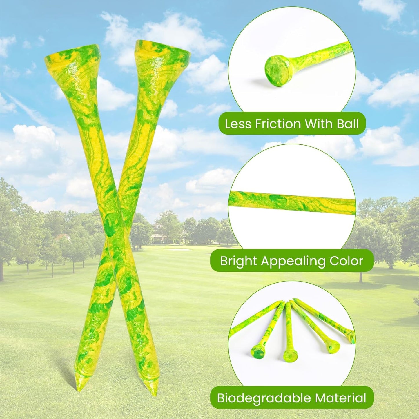 Amy Sport Golf Tees Styllish Bamboo Wooden Coloured Painted Bulk 200 Pack 1 1/2 3 1/4 2 3/4 Inch Tee, Enhanced Visibility Color Purple Pink Green Blue, Practice for Men Women