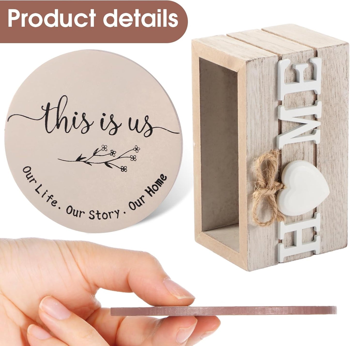 Queekay Housewarming Gifts for Home Decoration Wooden Heart Coasters for Drinks 6 Set Farmhouse Coasters with Holder Funny for Family Coffee Table Protection, 4''(Light Brown)