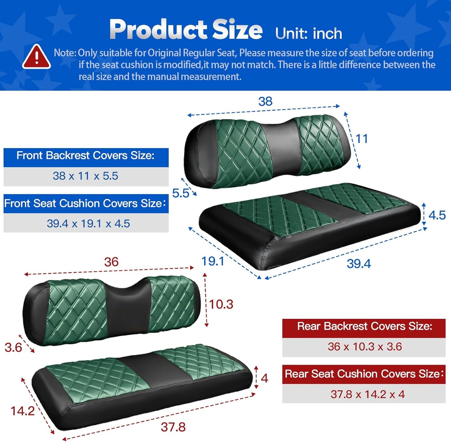 NOKINS 4PCS Golf Cart Diamond Seat Covers Kit, Front and Rear Seat Covers Fits Club Car DS 2000.5-Up Standard Seat Cushion, Club Car DS Vinyl Seat Covers Accessories (Dark Green and Black)