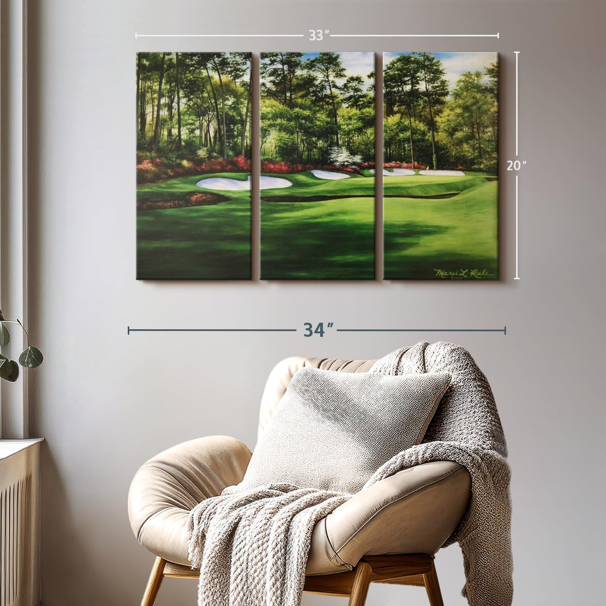 ElephantStock Augusta National 13th Hole I Wall Art - Horizontal Canvas - 3-Piece Living Room Wall Decor - Painting Sports Canvas Print - Green and Red Decor for Wall by Marci Rule - 33" X 20"