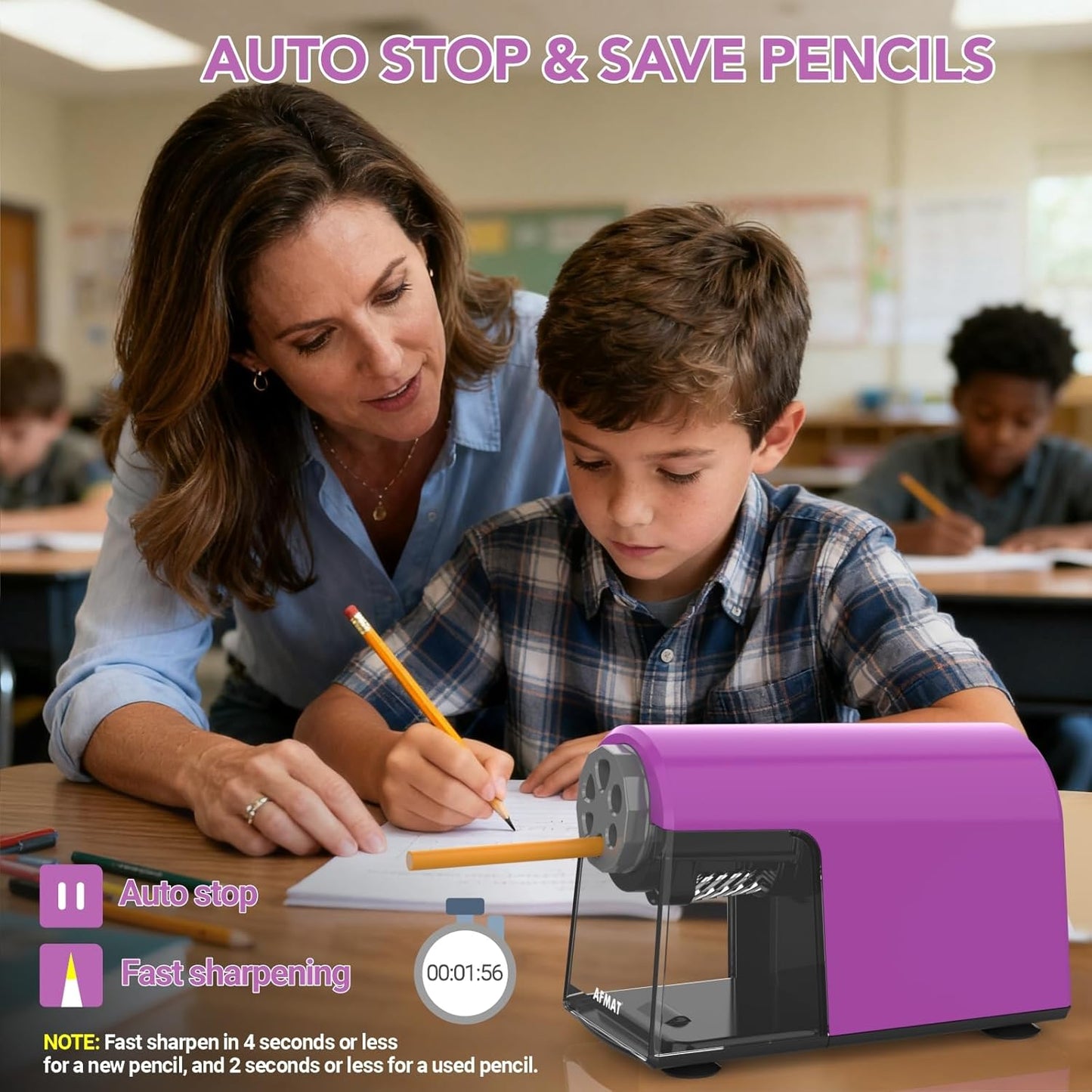 AFMAT PSD2 Electric Pencil Sharpener Heavy Duty, 6 Holes, Cordless & Rechargeable, Fast Sharpen, Auto Stop, 10K+ Uses, Classroom Pencil Sharpener for 6-11mm No.2/Large/Colored Pencils, Purple