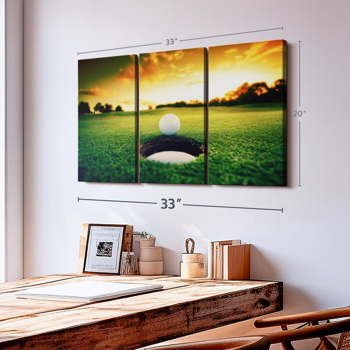 ElephantStock Golf Ball Wall Art - Horizontal Canvas - 3-Piece Living Room Wall Decor - Photography Sports Canvas Print - Orange and Yellow Decor for Wall - 33" X 20"