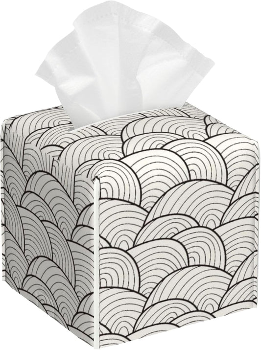 Abstract Waves Tissue Box Holder,Square Leather Tissue Box Cover with Bottom Belt,Waterproof Modern Napkin Holder Organizer for Car Bathroom Nightstand Vanity Office Tabletop,5.2" x 5.2" x 5.2"