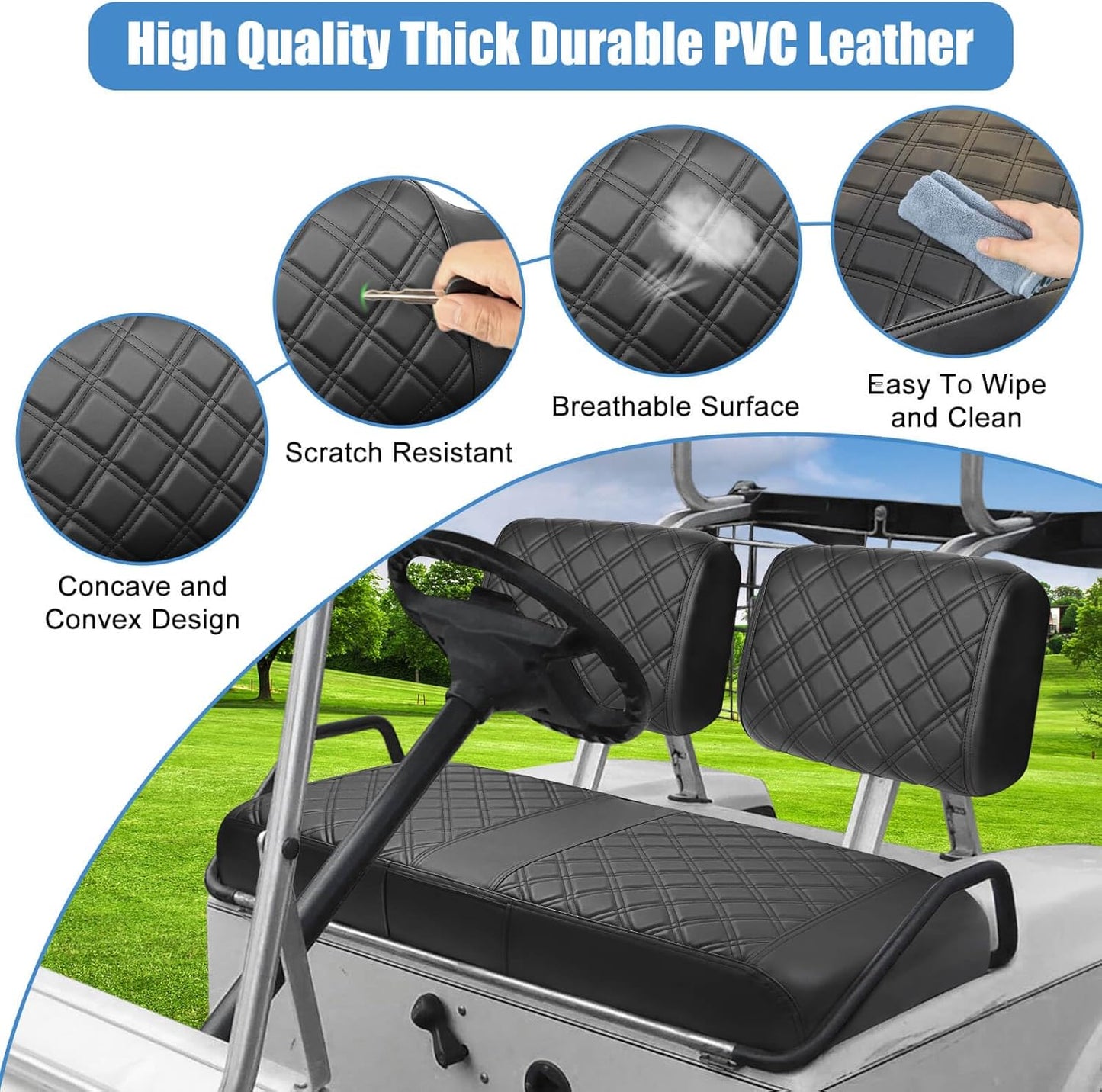 Club Car DS Pre-2000 Seat Cover, Golf Cart Front Seat Cover Fit For Club Car DS 1982-2000 OEM Ordinary Seat Cushion, Concave and Convex Design Appearance, Thick Vinyl Leather Comfortable/Breathable