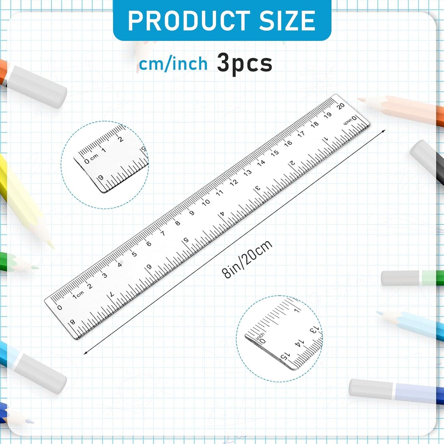 3 Pack 8 Inch Ruler Set Plastic Straight Ruler Transparent Measuring Tool Acrylic Clear Ruler for School Office Student(Transparent)