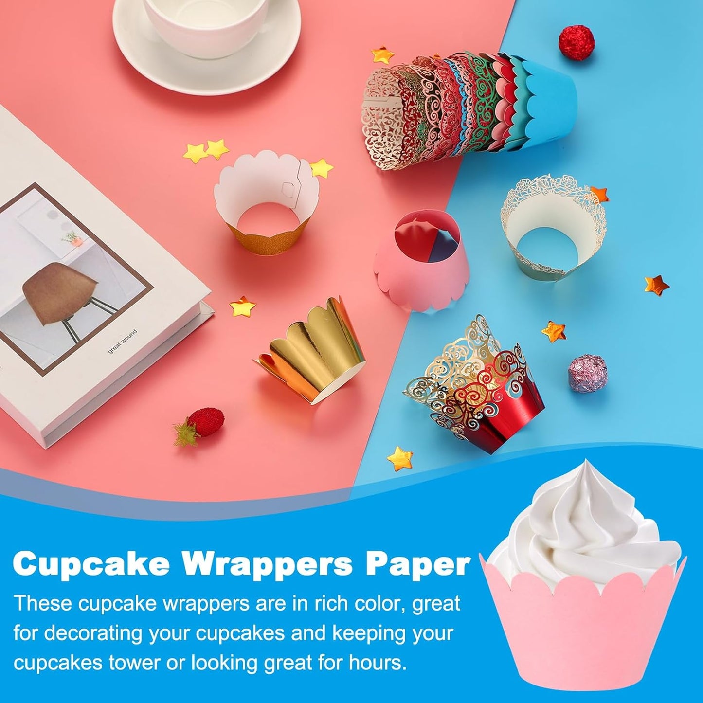 PATIKIL Cupcake Wrappers Paper, 50 Pack Baking Cups Standard Wave Decoration for Anniversary Birthday Weddings and Parties, Dark Pink