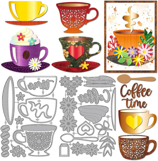 MAYJOYDIY Coffee Cup Cutting Dies Saucer Spoon Metal Die Cuts Template Flowers Daisy Colored Cream Embossing Carbon Steel Stencils for Card Making Scrapbooking Album Handbook Gift Decoration